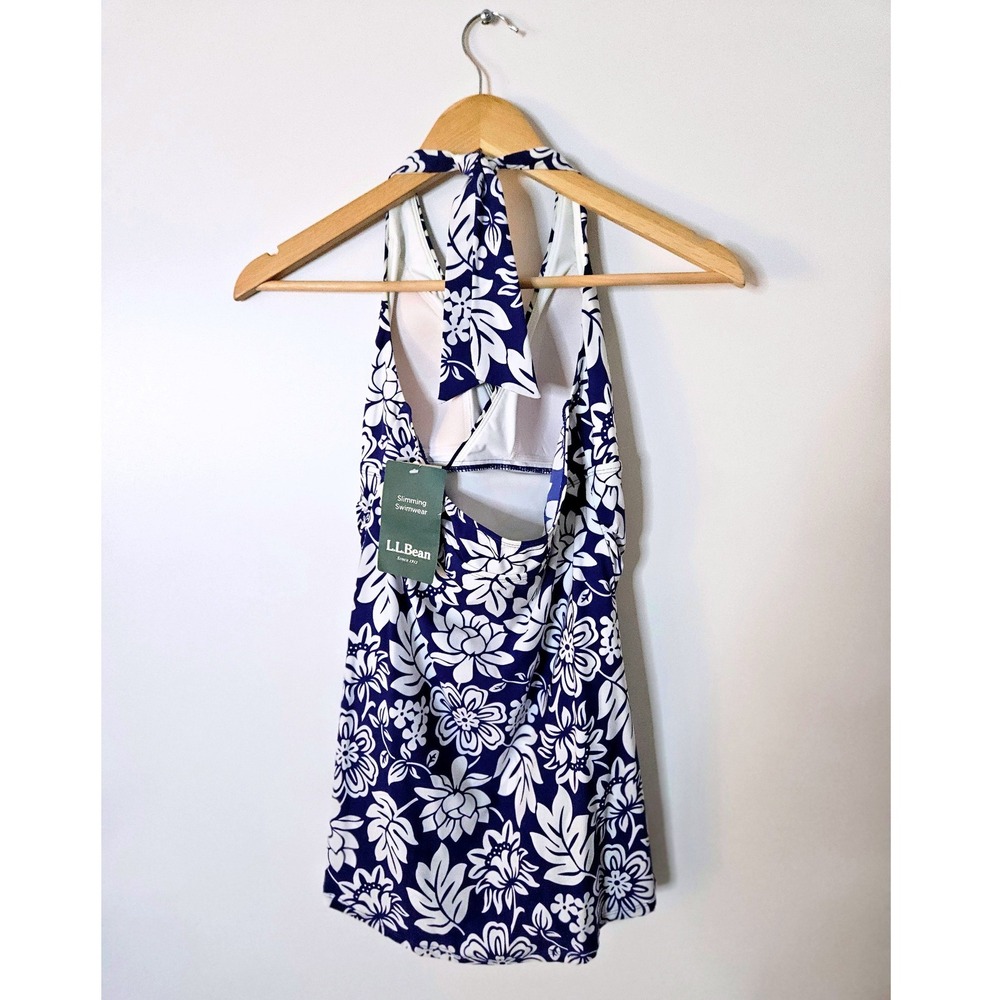 L.L.Bean Swim Dress Women 8 Navy White Floral UPF 40+ Halter One‎ Piece NEW - Picture 2 of 6